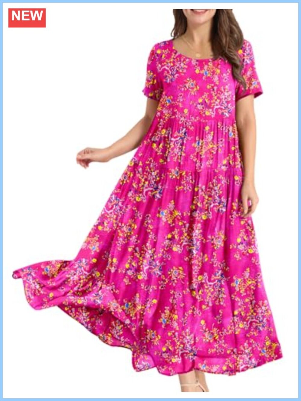 Women Bohemian Floral Maxi Dress Short Sleeve Pockets Swing Casual Summer